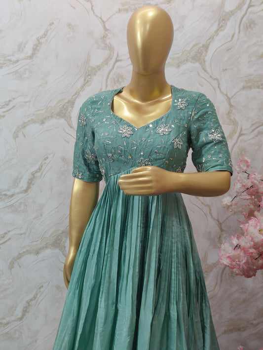 Elegant Teal Anarkali Gown with Floral Embroidery