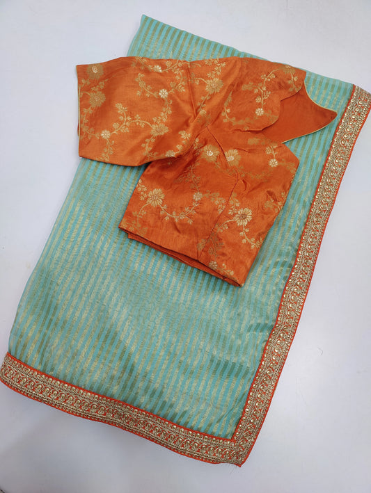 Floral Printed Cotton Saree with Olive Green Blouse