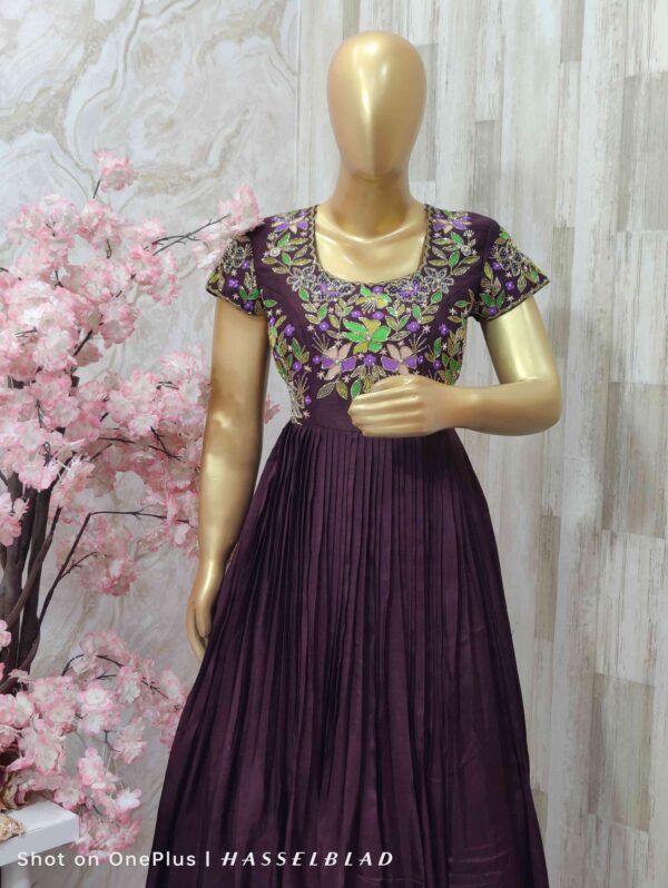 Majestic Plum Embroidered Floral Pleated Gown