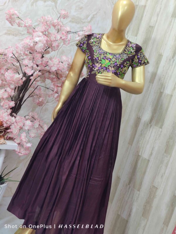 Majestic Plum Embroidered Floral Pleated Gown