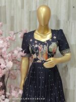 Elegant Navy Blue Pleated Gown with Handcrafted Mythical Embroidery