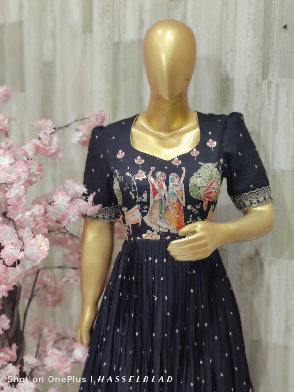 Elegant Navy Blue Pleated Gown with Handcrafted Mythical Embroidery