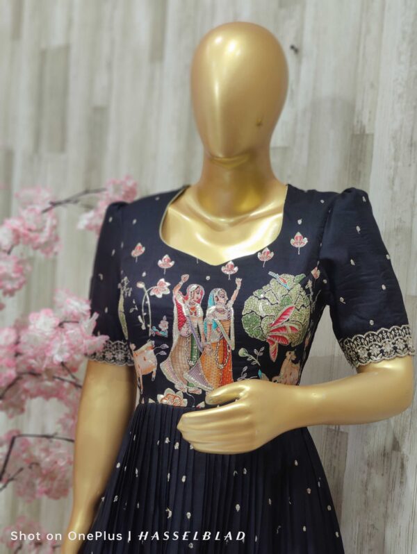 Elegant Navy Blue Pleated Gown with Handcrafted Mythical Embroidery