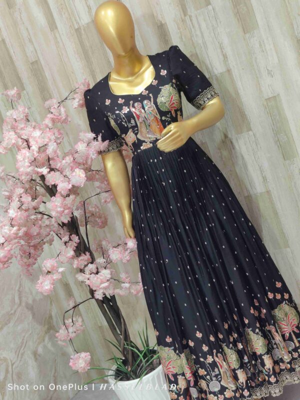 Elegant Navy Blue Pleated Gown with Handcrafted Mythical Embroidery