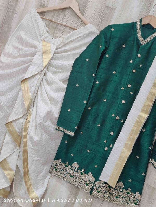 Pure raw silk Emerald Green Royal Sherwani with Ivory Dhoti Set