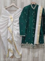 Pure raw silk Emerald Green Royal Sherwani with Ivory Dhoti Set