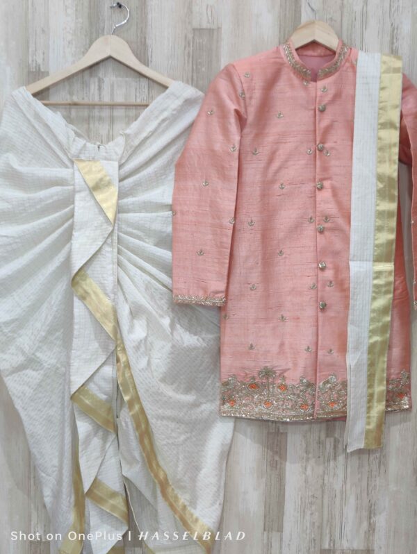 Pure raw silk Blush Pink Silk sherwani with Zari Embroidery & Ivory kanduva
