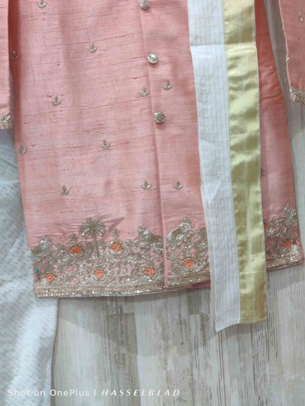 Pure raw silk Blush Pink Silk sherwani with Zari Embroidery & Ivory kanduva