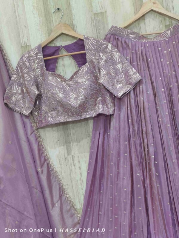 Lavender Shimmer Lehenga paired with dupatta & heavy maggam work blouse