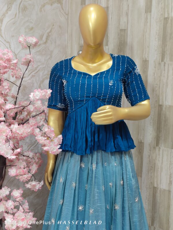 Blue Embroidered Peplum Crop Top