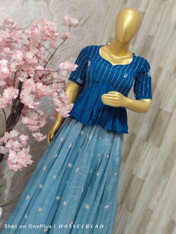 Blue Embroidered Peplum Crop Top