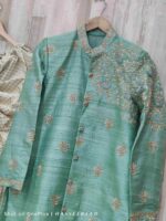 Pure raw silk Elegant Sea Green Sherwani with Intricate Zari and Thread Embroidery