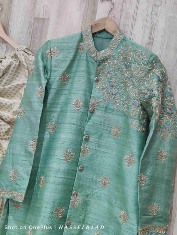 Pure raw silk Elegant Sea Green Sherwani with Intricate Zari and Thread Embroidery