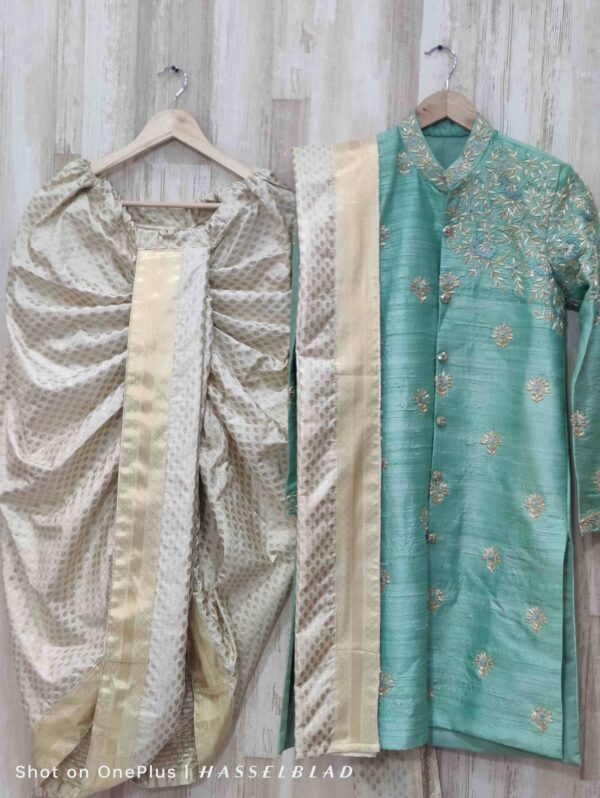 Pure raw silk Elegant Sea Green Sherwani with Intricate Zari and Thread Embroidery