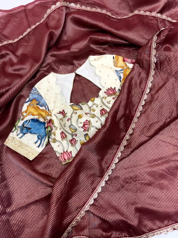 Ivory Kalamkari Blouse with Maroon Striped Saree