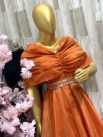 Elegant Burnt Orange Gown with Draped Shoulder and Embellished Waist