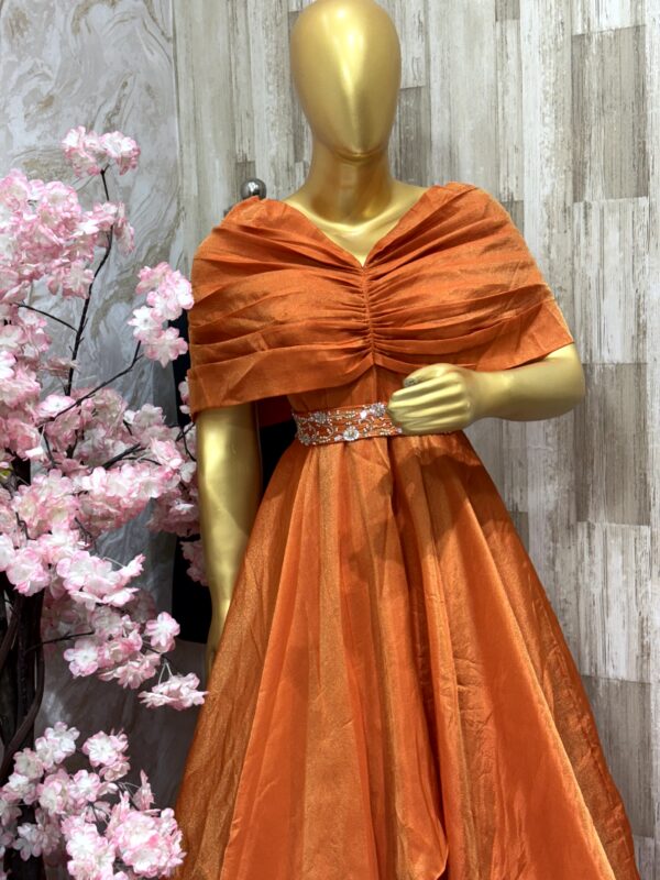 Elegant Burnt Orange Gown with Draped Shoulder and Embellished Waist