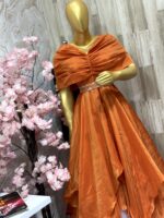 Elegant Burnt Orange Gown with Draped Shoulder and Embellished Waist