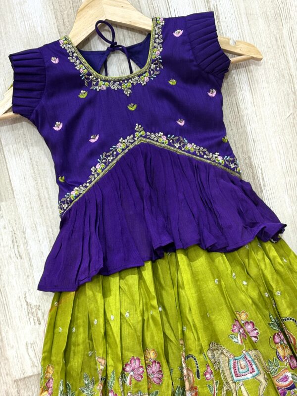 Royal Purple & Green Designer Kids Lehenga with Traditional Print