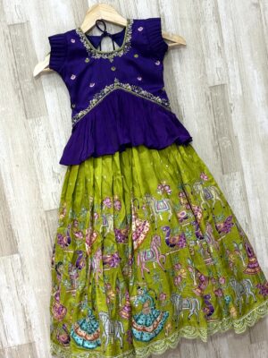 Royal Purple & Green Designer Kids Lehenga with Traditional Print