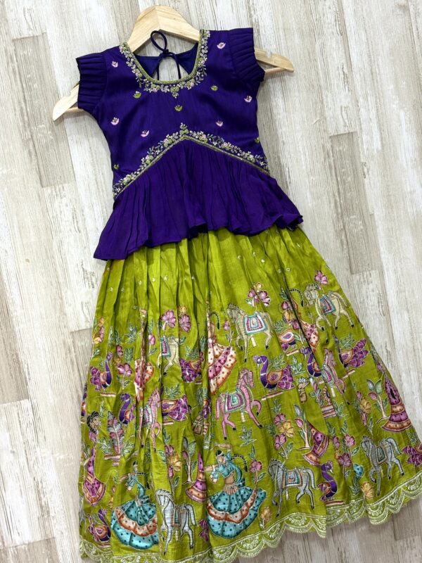 Royal Purple & Green Designer Kids Lehenga with Traditional Print