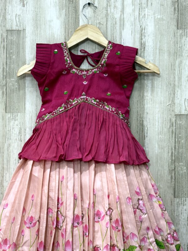 Pink Designer Kids Lehenga with Embroidered Top & Floral Skirt