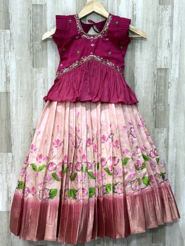 Pink Designer Kids Lehenga with Embroidered Top & Floral Skirt