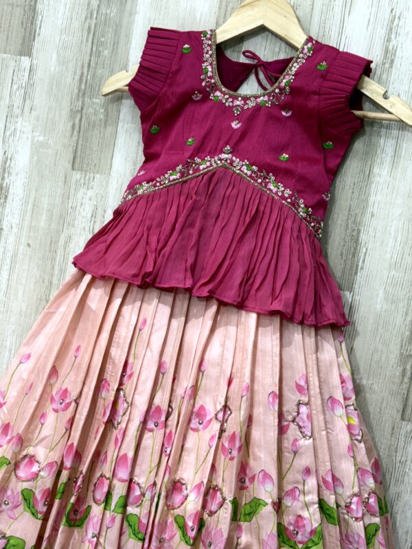 Pink Designer Kids Lehenga with Embroidered Top & Floral Skirt
