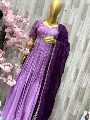 Lavender & Plum Anarkali Gown with Embroidered Bodice and Dupatta