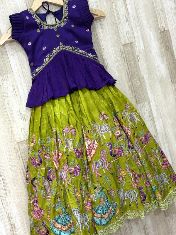 Royal Purple & Green Designer Kids Lehenga with Traditional Print