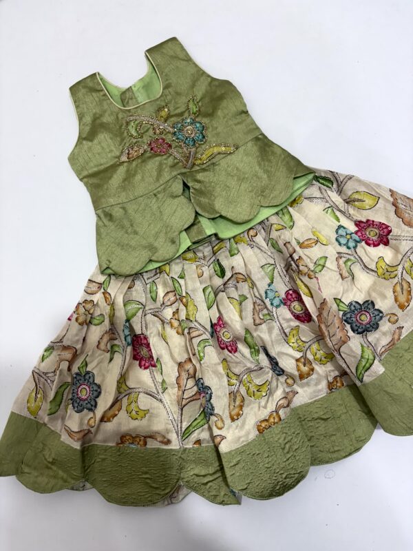 Olive Green & Cream Floral Kids Lehenga Set