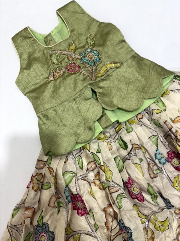 Olive Green & Cream Floral Kids Lehenga Set