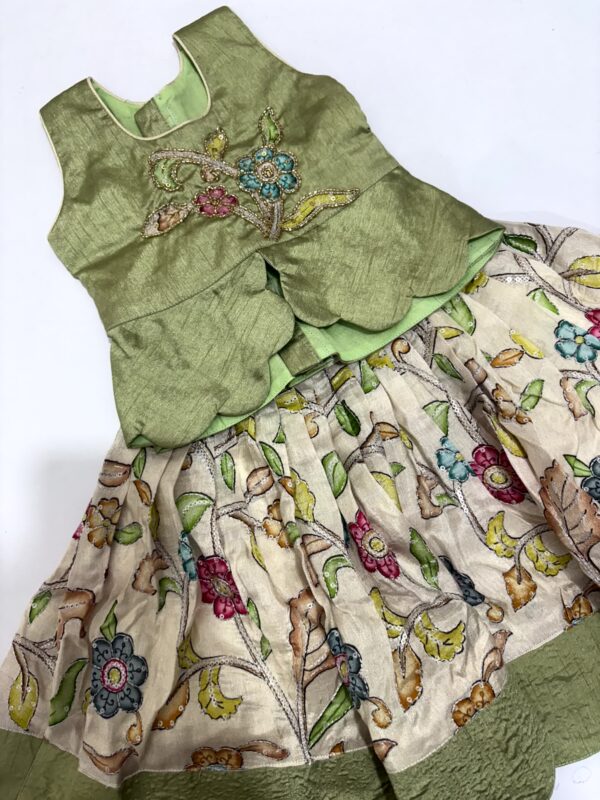 Olive Green & Cream Floral Kids Lehenga Set