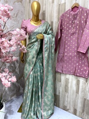 Mint Green Banarasi Silk Saree with Dusty Pink Blouse & Matching Kurta Set