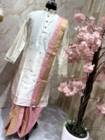 Ivory Silk Kurta Set with Pink-Gold Kanduva