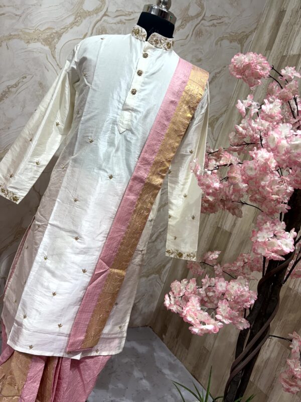 Ivory Silk Kurta Set with Pink-Gold Kanduva