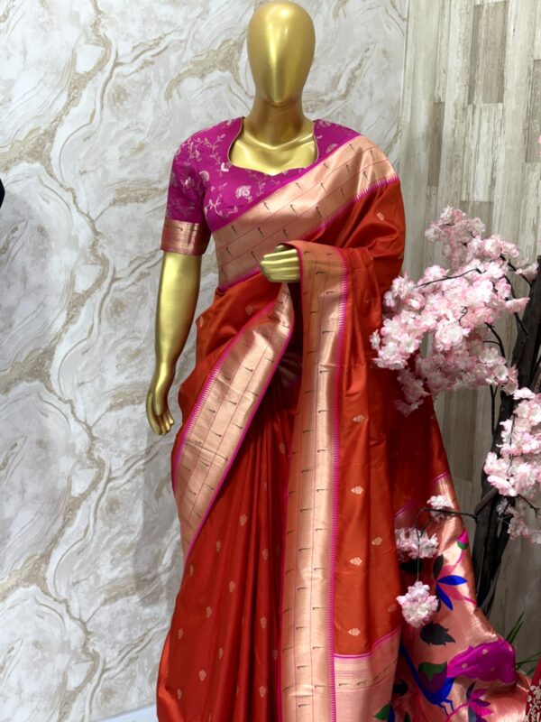 Burnt Orange Silk Saree with Magenta Blouse & Zari Border