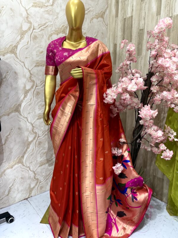 Burnt Orange Silk Saree with Magenta Blouse & Zari Border