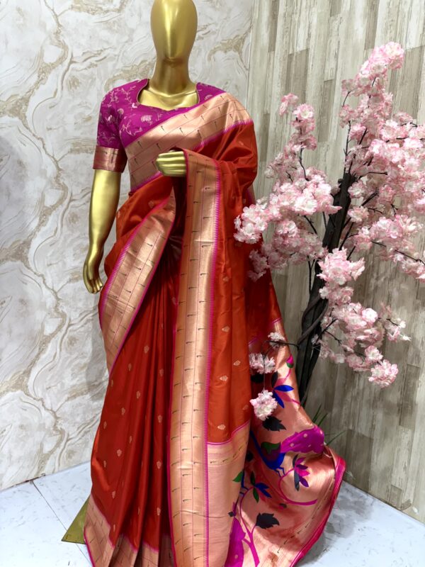 Burnt Orange Silk Saree with Magenta Blouse & Zari Border