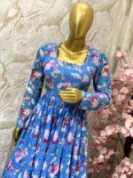 Sky Blue Floral Georgette Gown with Hand Embellished Yoke