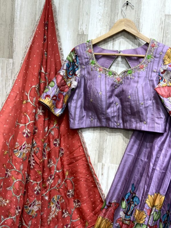 Lavender Madhubani Art Silk Lehenga Set with Contrast Red Dupatta