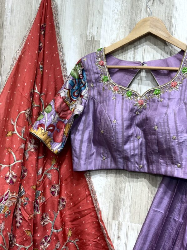 Lavender Madhubani Art Silk Lehenga Set with Contrast Red Dupatta