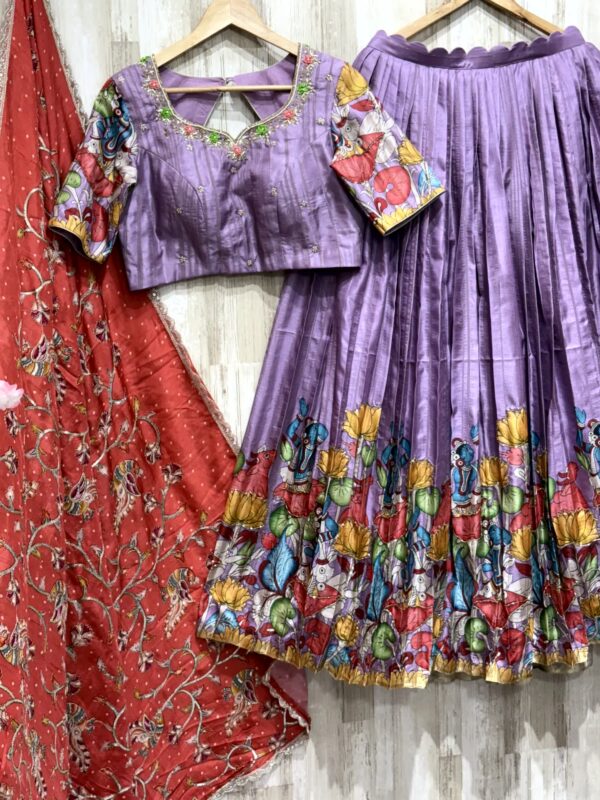 Lavender Madhubani Art Silk Lehenga Set with Contrast Red Dupatta