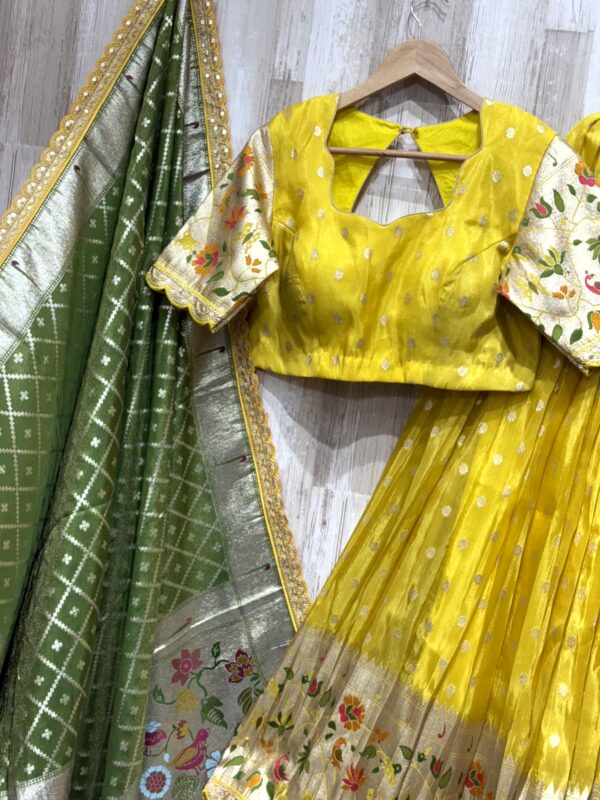 Mustard Yellow Banarasi Lehenga Set with Green Dupatta