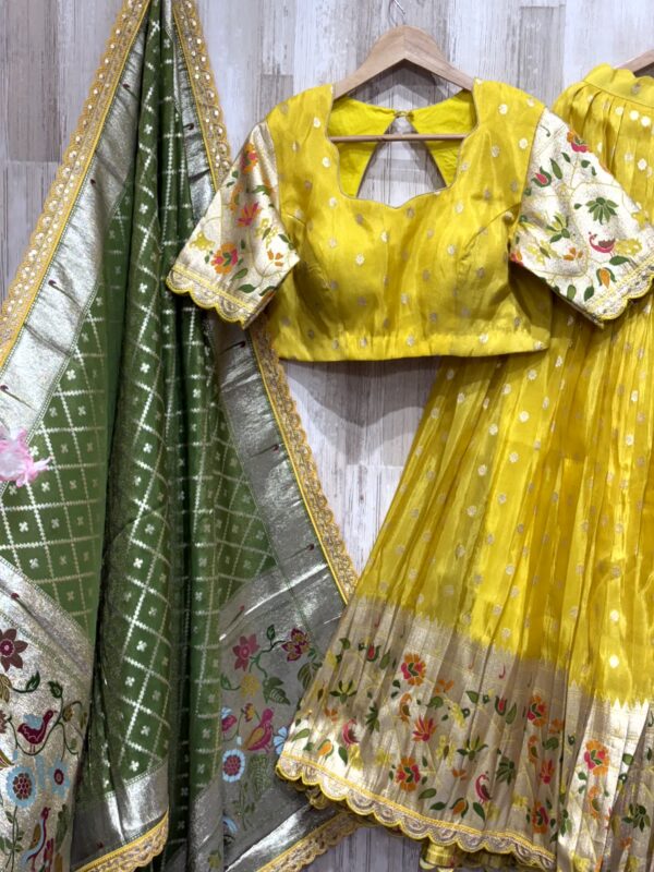 Mustard Yellow Banarasi Lehenga Set with Green Dupatta