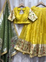 Mustard Yellow Banarasi Lehenga Set with Green Dupatta