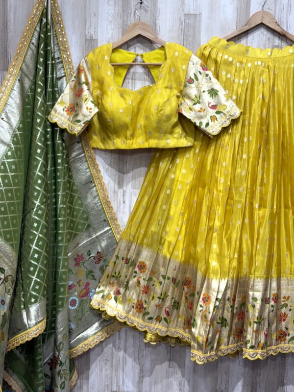 Mustard Yellow Banarasi Lehenga Set with Green Dupatta