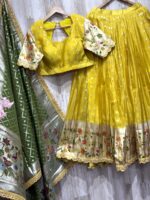 Mustard Yellow Banarasi Lehenga Set with Green Dupatta