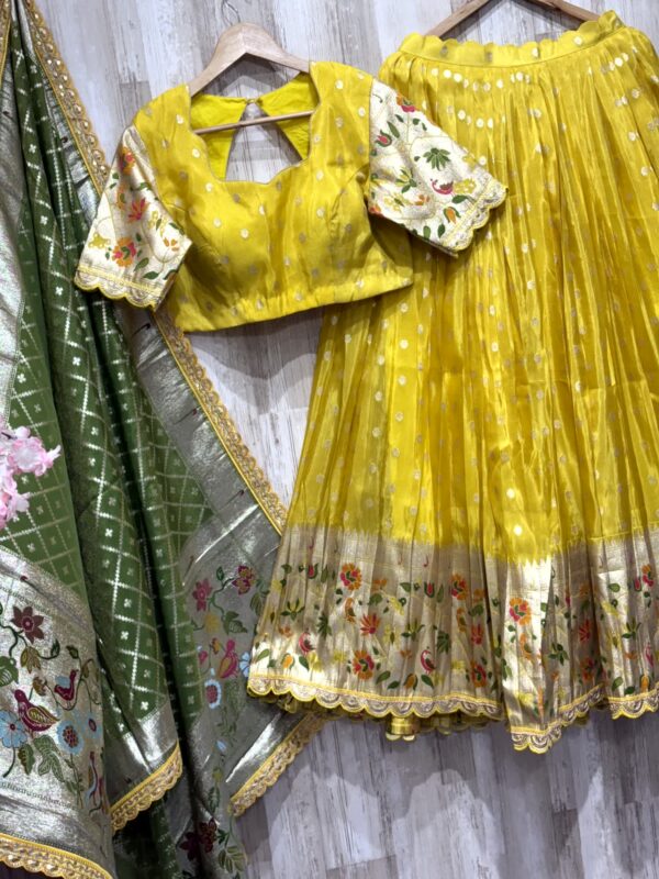 Mustard Yellow Banarasi Lehenga Set with Green Dupatta