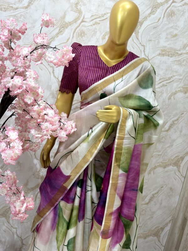 Ivory Linen Saree with Abstract Floral Print and Golden Border